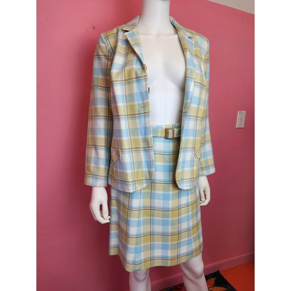 Vintage 1960's Deadstock Plaid in Blue, White, Yellow Skirt Suit | XS to Small - Picture 3 of 14